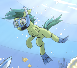 Size: 934x824 | Tagged: safe, artist:mysticalpha, edit, sandbar, earth pony, fish, pony, g4, belly, bubble, colored, crepuscular rays, cropped, flippers (gear), flowing mane, flowing tail, male, ocean, seaweed, snorkel, solo, stallion, sunlight, swimming, tail, underwater, water