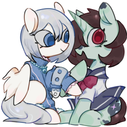 Size: 2560x2560 | Tagged: safe, artist:metaruscarlet, oc, oc only, oc:becky moonlight, oc:rebecca, pegasus, pony, unicorn, 2024 community collab, derpibooru community collaboration, clothes, duo, duo female, female, high res, horn, jewelry, lying down, open mouth, sailor uniform, simple background, transparent background, unicorn oc, uniform, wings