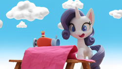 Size: 1920x1080 | Tagged: safe, edit, edited screencap, screencap, rarity, pony, unicorn, g4, g4.5, my little pony: stop motion short, cute, sewing machine, smiling, solo, stop motion