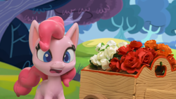 Size: 1920x1080 | Tagged: safe, screencap, pinkie pie, earth pony, pony, g4, g4.5, my little pony: stop motion short, pinkie pie vs the flowers, cart, cute, flower, shocked, solo