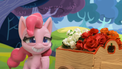 Size: 1920x1080 | Tagged: safe, screencap, pinkie pie, earth pony, pony, g4, g4.5, my little pony: stop motion short, pinkie pie vs the flowers, cart, cute, embarrassed, flower, nervous, nervous smile, solo