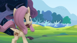 Size: 1920x1080 | Tagged: safe, screencap, fluttershy, pegasus, pony, g4, g4.5, my little pony: stop motion short, rainy day puddle play, cute, shocked, solo