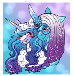 Size: 1920x2000 | Tagged: safe, artist:malinraf1615, comet (g5), izzy moonbow, auroricorn, pony, unicorn, g5, blush lines, blushing, bust, duo, female, male, mare, ship:combow, shipping, stallion, straight