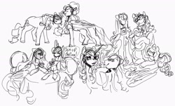 Size: 2048x1240 | Tagged: safe, artist:rare-apples, fluttershy, rarity, earth pony, pegasus, pony, unicorn, g4, 2d, date, digital art, female, grayscale, horn, mare, monochrome, shipping, simple background, sketch, smiling, table, white background, wings