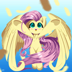 Size: 7016x7016 | Tagged: safe, artist:hisp, fluttershy, pegasus, pony, g4, absurd resolution, belly, blushing, chest fluff, cute, daaaaaaaaaaaw, feather, female, gradient background, hooves out, large wings, long hair, mare, open mouth, open smile, raised hooves, shyabetes, smiling, solo, spread wings, underhoof, wings