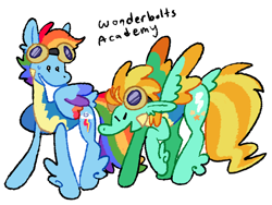 Size: 1280x963 | Tagged: safe, artist:goatpaste, lightning dust, rainbow dash, pegasus, pony, g4, season 3, wonderbolts academy, blank eyes, clothes, colored wings, colored wingtips, confident, duo, duo female, eyes closed, feathered fetlocks, female, goggles, goggles on head, mare, open mouth, open smile, raised hoof, simple background, smiling, sweat, sweatdrops, uniform, white background, wings, wonderbolt trainee uniform