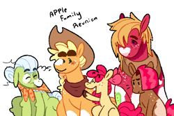 Size: 1280x853 | Tagged: safe, artist:goatpaste, apple bloom, applejack, babs seed, big macintosh, granny smith, earth pony, pony, apple family reunion, g4, season 3, apple bloom's bow, apple siblings, apple sisters, applejack's hat, bow, brother and sister, cousins, cowboy hat, emanata, eyebrows, eyes closed, female, filly, foal, freckles, grandmother and grandchild, grandmother and granddaughter, grandmother and grandson, group, hair bow, hat, looking at each other, looking at someone, male, mare, open mouth, open smile, quintet, siblings, simple background, sisters, smiling, stallion, white background
