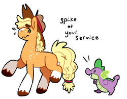 Size: 1280x992 | Tagged: safe, artist:goatpaste, applejack, spike, dragon, earth pony, pony, g4, season 3, spike at your service, alternate design, applejack's hat, blaze (coat marking), braid, braided tail, coat markings, cowboy hat, duo, emanata, facial markings, fangs, following, freckles, frown, hat, looking at each other, looking at someone, looking back, open mouth, open smile, plewds, simple background, smiling, socks (coat markings), standing on two hooves, tail, tail band, wavy mouth, white background