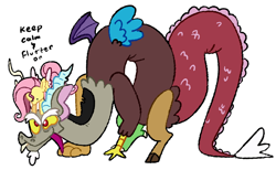 Size: 1280x788 | Tagged: safe, artist:goatpaste, discord, fluttershy, draconequus, pegasus, pony, g4, keep calm and flutter on, season 3, colored wings, dot eyes, duo, duo male and female, facial hair, female, friends, goatee, looking at someone, looking down, male, mare, mismatched horns, mismatched wings, multicolored wings, quadrupedal, simple background, snaggletooth, spread wings, tongue out, white background, wings