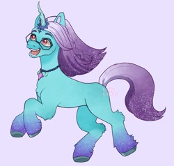 Size: 1165x1110 | Tagged: safe, artist:lululaozi, comet (g5), auroricorn, pony, g5, concave belly, glasses, horn, jewelry, looking up, male, necklace, open mouth, open smile, purple background, signature, simple background, smiling, solo, stallion, tail, unshorn fetlocks