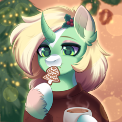 Size: 1500x1500 | Tagged: safe, artist:alunedoodle, oc, oc only, oc:holly star, pony, unicorn, bust, christmas, christmas lights, christmas tree, clothes, cookie, cup, eating, female, food, holiday, holly, mug, portrait, solo, sweater, tree