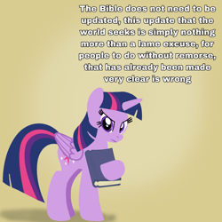 Size: 1400x1400 | Tagged: safe, artist:mlplary6, twilight sparkle, alicorn, pony, g4, artist is a duck, bible, book, christianity, comments locked down, female, graveyard of comments, looking at you, mouthpiece, op is a duck, op is trying to start shit, religion, solo, text, twilight sparkle (alicorn)