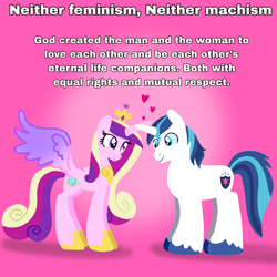 Size: 1400x1400 | Tagged: safe, artist:mlplary6, princess cadance, shining armor, alicorn, unicorn, g4, anti-feminism, anti-machism, artist is a duck, christianity, colored wings, comments locked down, crown, female, gradient wings, homophobia, hoof shoes, horn, horns are touching, husband and wife, jewelry, long legs, love, male, mouthpiece, op is a duck, op is trying to start shit, peytral, physique difference, princess shoes, regalia, religion, ship:shiningcadance, shipping, slender, spread wings, straight, text, thin, unshorn fetlocks, wings