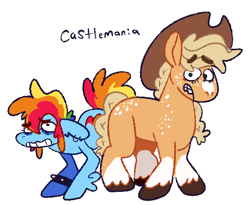 Size: 1280x1051 | Tagged: safe, artist:goatpaste, applejack, rainbow dash, earth pony, pegasus, pony, castle mane-ia, g4, season 4, alternate design, applejack's hat, coat markings, colored wings, colored wingtips, cowboy hat, duo, duo female, female, freckles, gritted teeth, hat, mare, scared, simple background, socks (coat markings), spiked wristband, teeth, white background, wings, wristband