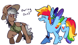 Size: 1280x742 | Tagged: safe, artist:goatpaste, daring do, rainbow dash, pegasus, pony, daring don't, g4, season 4, alternate design, colored wings, colored wingtips, confused, dishevelled, duo, duo female, emanata, feathered fetlocks, female, frown, hat, looking at each other, looking at someone, mare, messy mane, messy tail, open mouth, open smile, raised hoof, safari hat, simple background, smiling, spread wings, tail, white background, wings