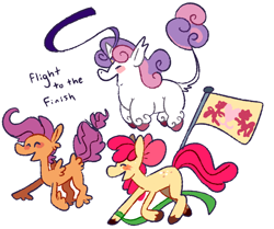 Size: 1280x1072 | Tagged: safe, artist:goatpaste, apple bloom, scootaloo, sweetie belle, earth pony, pegasus, pony, unicorn, flight to the finish, g4, season 4, adorabloom, colored hooves, cute, cutealoo, cutie mark crusaders, cutie mark cuties, diasweetes, eyes closed, feathered fetlocks, female, filly, flag, foal, happy, hoof fluff, jumping, leg fluff, open mouth, open smile, ribbon, running, simple background, smiling, trio, trio female, unshorn fetlocks, white background