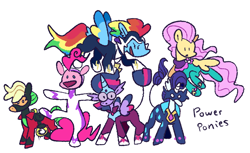 Size: 1280x781 | Tagged: safe, artist:goatpaste, applejack, fili-second, fluttershy, masked matter-horn, mistress marevelous, pinkie pie, radiance, rainbow dash, rarity, saddle rager, twilight sparkle, zapp, alicorn, earth pony, pegasus, pony, unicorn, g4, power ponies (episode), season 4, :o, colored wings, cute, female, flying, group, leonine tail, mane six, mare, masked matter-horn costume, open mouth, open smile, power ponies, sextet, simple background, smiling, spread wings, standing, standing on one leg, tail, twilight sparkle (alicorn), white background, wings