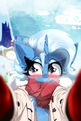 Size: 2000x3000 | Tagged: safe, artist:jubyskylines, trixie, pony, unicorn, g4, big eyelashes, blushing, chest fluff, clothes, coat, duffel coat pov meme, ear fluff, female, high res, lidded eyes, mare, meme, nervous, offscreen character, pov, scarf, snow, snowfall, solo