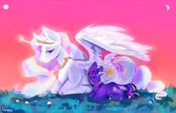 Size: 4200x2700 | Tagged: safe, artist:fhroggy, princess celestia, twilight sparkle, alicorn, unicorn, g4, duo, duo female, evening, eyes closed, female, high res, lying down, mare, prone, signature, smiling, spread wings, student, sunset, teacher, unicorn twilight, wings