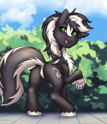 Size: 1237x1425 | Tagged: safe, artist:eltaile, oc, oc:zenawa skunkpony, earth pony, hybrid, skunk, skunk pony, bush, butt, chest fluff, claws, countershading, earth pony oc, featureless crotch, hybrid oc, looking at you, looking back, looking back at you, male, open mouth, outdoors, paw pads, paws, plot, raised tail, smiling, smiling at you, solo, stallion, tail, unshorn fetlocks