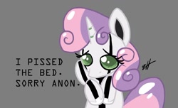 Size: 1187x720 | Tagged: safe, artist:biscotti5000, sweetie belle, robot, g4, gray background, implied anon, implied bedwetting, implied pissing, looking at you, meme, puppy dog eyes, simple background, solo, sweetie bot, text