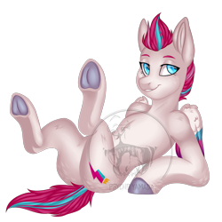 Size: 2000x2000 | Tagged: safe, artist:toshitoki, zipp storm, pegasus, pony, semi-anthro, g5, arm hooves, belly, belly button, butt, commission, female, high res, human shoulders, humanoid torso, legs in air, lidded eyes, lying down, mare, on back, plot, signature, simple background, slender, smiling, smirk, solo, tail, thin, transparent background, underhoof, watermark, wings, zippbutt