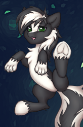 Size: 830x1264 | Tagged: safe, artist:eltaile, oc, oc:zenawa skunkpony, earth pony, hybrid, skunk, skunk pony, belly, chest fluff, claws, countershading, earth pony oc, featureless crotch, frog (hoof), grass, horses doing horse things, hybrid oc, looking at you, lying down, male, on back, open mouth, paws, raised leg, smiling, smiling at you, solo, stallion, tail, underhoof, unshorn fetlocks