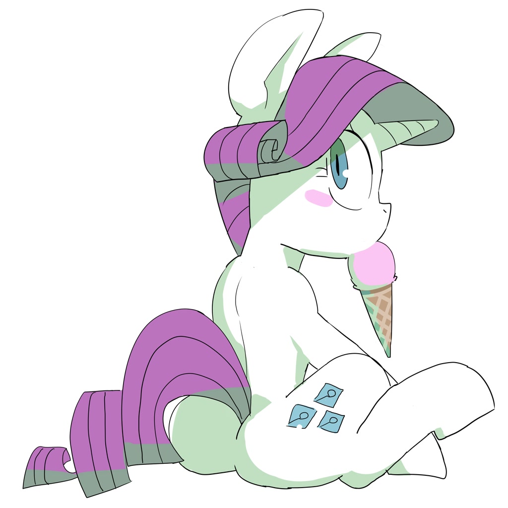 [blushing,butt,eating,female,food,g4,ice cream,looking at you,looking back,mare,plot,pony,rarity,rearity,safe,simple background,sitting,solo,spine,unicorn,white background,looking back at you,blush sticker,ice cream cone,artist:baigak]