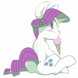 Size: 4000x4000 | Tagged: safe, artist:baigak, rarity, pony, unicorn, g4, back, blush sticker, blushing, butt, eating, female, food, ice cream, ice cream cone, looking at you, looking back, looking back at you, mare, plot, rearity, simple background, sitting, solo, spine, waffle cone, white background