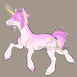 Size: 2000x2000 | Tagged: oc name needed, safe, artist:toshitoki, oc, oc only, pony, unicorn, ahoge, body freckles, colored hooves, commission, curved horn, ear piercing, earring, freckles, glowing, glowing horn, gray background, grin, hair over eyes, high res, hoof heart, hooves, horn, jewelry, mismatched hooves, multicolored hooves, piercing, raised hoof, raised leg, simple background, smiling, solo, sparkly mane, sparkly tail, tail, underhoof
