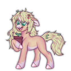 Size: 2000x2000 | Tagged: safe, artist:toshitoki, oc, oc only, oc:carousel apple, oc:gillyflower, earth pony, pony, earth pony oc, high res, hooves, male, open mouth, open smile, plant, pot, potted plant, raised hoof, simple background, smiling, solo, stallion, tail, transparent background