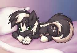 Size: 1425x979 | Tagged: safe, artist:eltaile, oc, oc only, oc:zenawa skunkpony, earth pony, hybrid, skunk, skunk pony, bed, bedroom, bedroom eyes, blanket, claws, countershading, cute, earth pony oc, hybrid oc, lidded eyes, looking at you, lying down, lying on bed, male, on bed, pale belly, paws, pillow, prone, relaxed, smiling, smiling at you, snuggles?, solo, stallion, tail, unshorn fetlocks