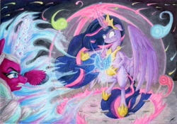 Size: 11913x8345 | Tagged: safe, artist:trancepony, opaline arcana, twilight sparkle, alicorn, pony, g5, the last problem, crown, crystal, duo, earth pony crystal, ethereal mane, ethereal tail, female, fight, glowing, glowing eyes, glowing horn, hoof shoes, horn, jewelry, just like geoffrey, magic, mare, older, older twilight, older twilight sparkle (alicorn), pegasus crystal, peytral, princess twilight 2.0, regalia, signature, starry mane, starry tail, tail, traditional art, twilight sparkle (alicorn), unicorn crystal, unity crystals