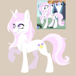 Size: 2000x2000 | Tagged: safe, artist:toshitoki, fleur-de-lis, pony, unicorn, g4, sweet and elite, concave belly, female, high res, horn, mare, raised hoof, scene interpretation, screencap reference, signature, slender, smiling, solo, tail, thin