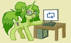 Size: 1351x821 | Tagged: safe, artist:applepost67, oc, oc only, unicorn, colored, computer, glasses, solo