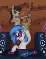 Size: 2688x3480 | Tagged: safe, artist:yankaze, dj pon-3, octavia melody, vinyl scratch, earth pony, pony, unicorn, g4, cello, duo, female, high res, mare, musical instrument, smiling, speaker, turntable