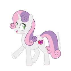 Size: 1100x1100 | Tagged: safe, artist:toshitoki, sweetie belle, pony, unicorn, g4, female, horn, looking back, mare, older, older sweetie belle, open mouth, open smile, raised hoof, signature, simple background, smiling, solo, tail, white background
