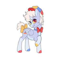 Size: 1500x1500 | Tagged: safe, artist:toshitoki, oc, oc only, oc:choo choo, pegasus, pony, blaze (coat marking), blue eyes, bow, bowtie, closed mouth, coat markings, colored hooves, colored sclera, colored wings, colored wingtips, facial markings, folded wings, hat, hooves, looking at you, mismatched hooves, multicolored hooves, neck bow, pale belly, pegasus oc, raised hoof, red eyes, short tail, simple background, smiling, smiling at you, socks (coat markings), solo, tail, tail bow, transparent background, turned head, wings, yellow sclera