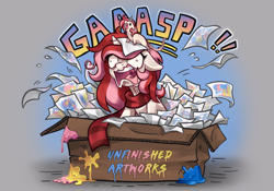 Size: 2000x1400 | Tagged: safe, artist:suniscathorsis, oc, oc only, oc:rat palette, oc:red palette, pony, rat, unicorn, artist, box, clothes, freckles, funny, gasp, horn, meme, pet, pony in a box, red hair, scarf, striped scarf, unicorn oc