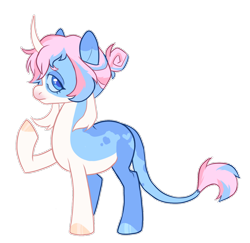 Size: 1274x1239 | Tagged: safe, artist:toshitoki, oc, oc only, oc:fun dip, classical unicorn, pony, unicorn, curved horn, female, hair bun, hooves, horn, leonine tail, lidded eyes, looking at you, mare, multicolored hooves, raised hoof, simple background, solo, tail, transparent background, unicorn oc, unshorn fetlocks