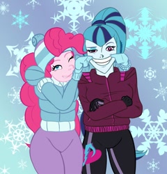 Size: 842x878 | Tagged: safe, artist:nines, pinkie pie, sonata dusk, human, equestria girls, g4, my little pony equestria girls: rainbow rocks, clothes, female, forced smile, lesbian, ship:pinata, shipping, smiling, when she doesn't smile, winter outfit