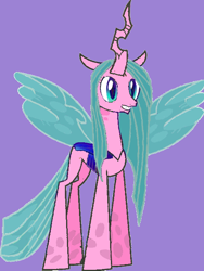 Size: 474x632 | Tagged: safe, artist:vanilla5751, queen chrysalis, changedling, changeling, changeling queen, g4, alternate design, concave belly, female, floppy ears, long legs, mare, pink, purified chrysalis, purple background, simple background, slender, solo, tall, thin