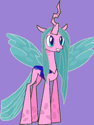 Size: 474x632 | Tagged: safe, artist:vanilla5751, queen chrysalis, changedling, changeling, changeling queen, g4, alternate design, concave belly, female, floppy ears, lanky, long legs, mare, pink, purified chrysalis, purple background, simple background, skinny, slender, solo, tall, thin