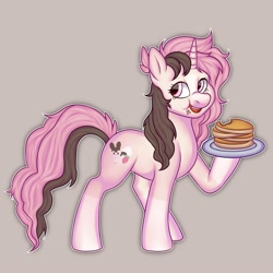Size: 2000x2000 | Tagged: safe, artist:toshitoki, oc, oc only, pony, unicorn, commission, crumbs, eating, female, food, herbivore, high res, horn, looking back, mare, open mouth, open smile, pancakes, plate, raised hoof, simple background, smiling, solo, tail, unicorn oc