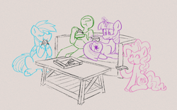 Size: 1120x700 | Tagged: safe, artist:blex, pinkie pie, rainbow dash, twilight sparkle, oc, oc:anon, earth pony, human, pegasus, pony, unicorn, g4, beige background, coffee table, colored lineart, couch, digital art, doodle, eating, eyes closed, female, folded wings, food, human male, lineart, lying down, magic, magic aura, male, mare, pizza, pizza box, simple background, sitting, sitting on floor, table, telekinesis, unshorn fetlocks, wings