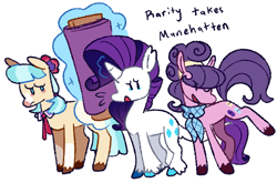 Size: 1280x844 | Tagged: safe, artist:goatpaste, coco pommel, rarity, suri polomare, earth pony, pony, unicorn, g4, rarity takes manehattan, season 4, clothes, coat markings, colored hooves, concerned, confident, fabric, female, frown, looking at each other, looking at someone, magic, magic aura, mare, one eye closed, open mouth, open smile, sad, scarf, simple background, smiling, socks (coat markings), telekinesis, trio, trio female, unshorn fetlocks, white background, wink, worried