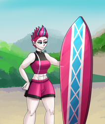 Size: 1700x2000 | Tagged: safe, artist:zachc, zipp storm, human, equestria girls, g4, g5, abs, belly, belly button, breasts, clothes, commission, female, fit, midriff, shorts, slender, smiling, solo, surfboard, swimming trunks, swimsuit, thin