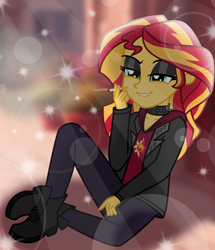 Size: 4944x5760 | Tagged: safe, artist:emeraldblast63, sunset shimmer, equestria girls, g4, black eyeshadow, boots, choker, cigarette, clothes, eyeshadow, female, jacket, lidded eyes, makeup, shoes, sitting, smiling, smoking, solo, sparkles, spiked choker