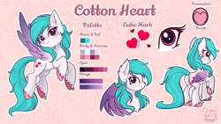 Size: 3840x2160 | Tagged: safe, artist:cottonheart05, oc, oc only, oc:cotton heart, pegasus, pony, :3, blushing, butt, cheek fluff, chest fluff, closed mouth, color palette, colored hooves, colored wings, cutie mark, ear fluff, eyelashes, female, floppy ears, flying, folded wings, high res, looking at you, magenta eyes, mare, pegasus oc, pink background, plot, profile, raised hoof, reference sheet, simple background, smiling, spread wings, standing, underhoof, unshorn fetlocks, wings