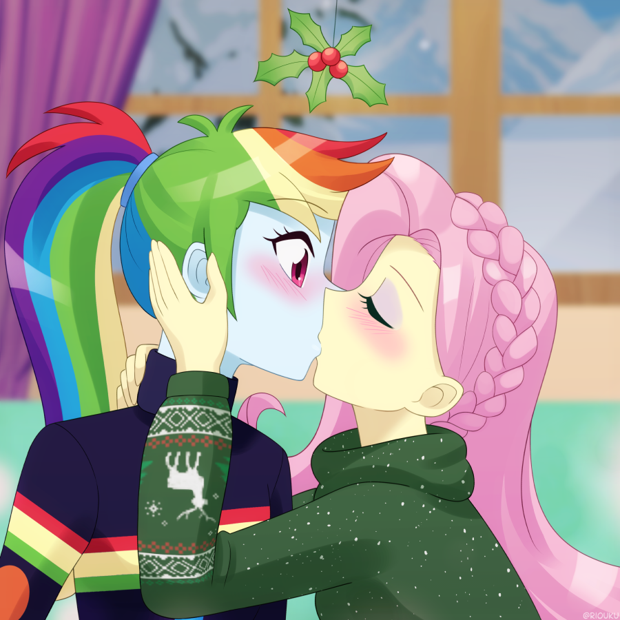 [2d,alternate hairstyle,blushing,braid,christmas,christmas sweater,clothes,commission,duo,equestria girls,eyes closed,eyeshadow,female,fluttershy,g4,holiday,holly,human,kissing,lesbian,makeup,ponytail,rainbow dash,safe,shipping,snow,sweater,window,indoors,long sleeves,sweatershy,holly mistaken for mistletoe,artist:riouku,kiss on the lips,ship:flutterdash]